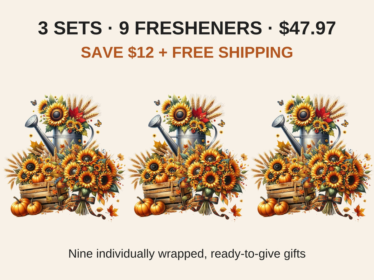 Sunflower Harvest car freshener bundle: 3 sets, 9 individually wrapped fresheners for $47.97, save $12 plus free shipping