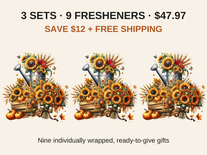 Sunflower Harvest car freshener bundle: 3 sets, 9 individually wrapped fresheners for $47.97, save $12 plus free shipping