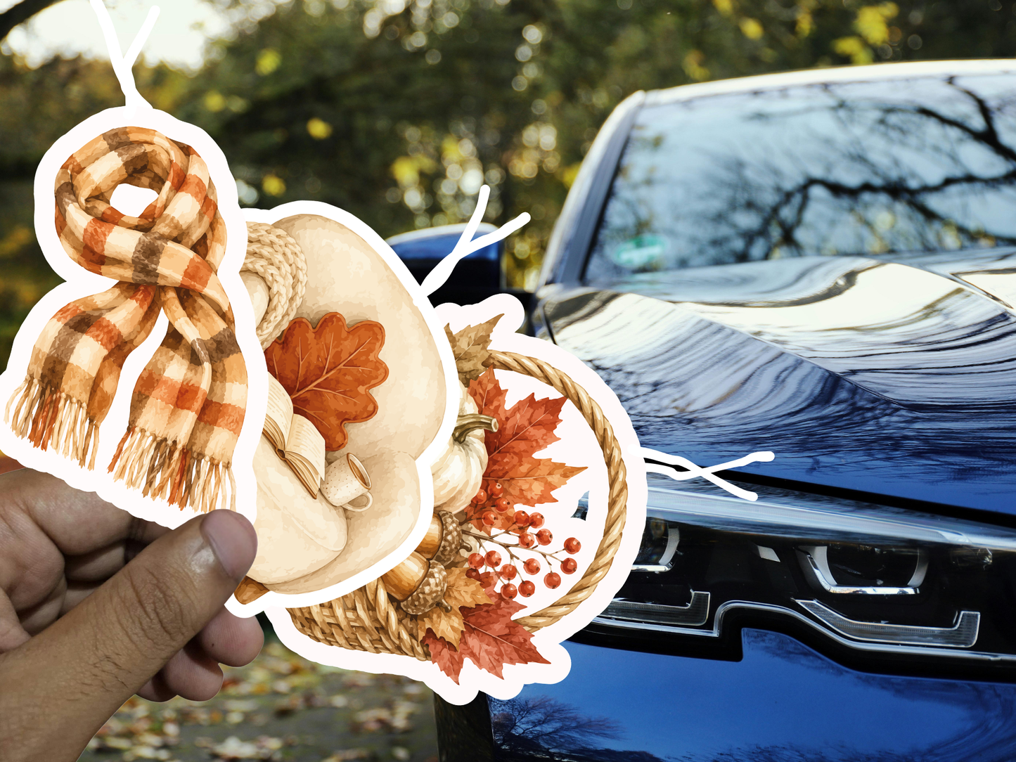 Cozy Fall Car Freshener Set of 3 — Cozy armchair, Scarf, Harvest basket