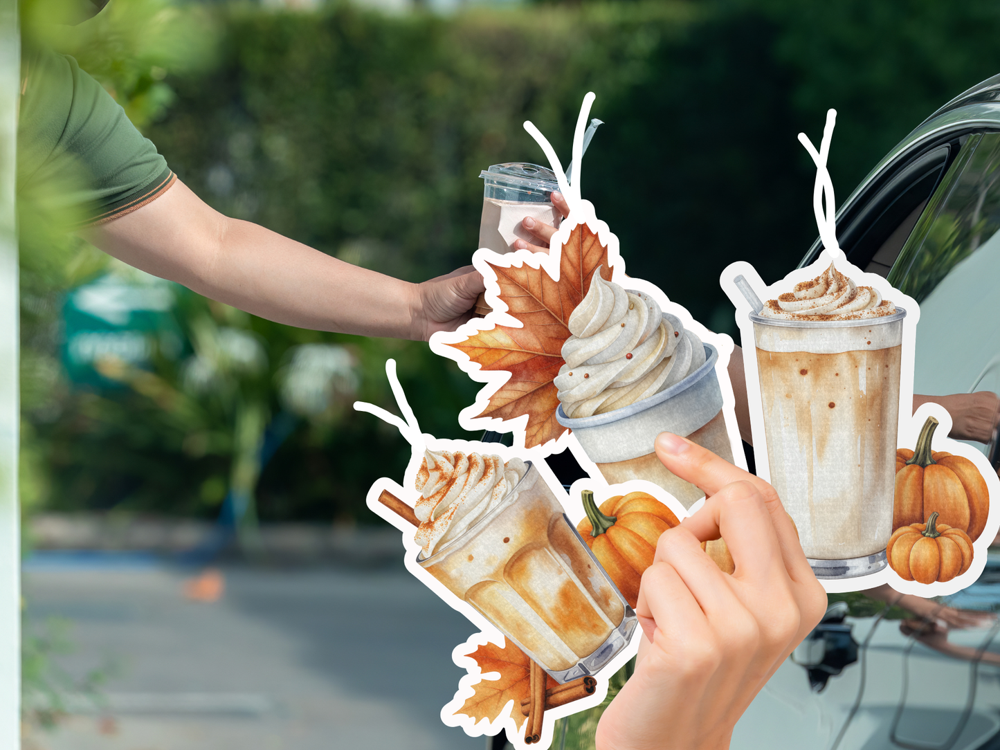 Set of three coffee car fresheners - pumpkin latte, iced latte and whipped to-go cup