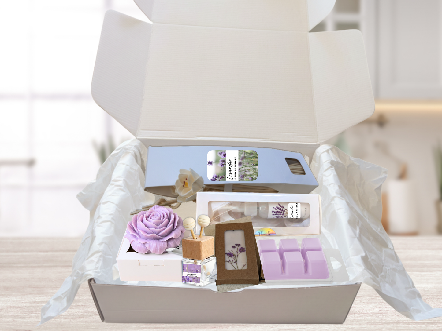 Lavender Serenity Gift Box – Relaxation Aromatherapy Set | 3-Piece, 4-Piece, or 6-Piece Options | Calming Spa Gift | Lavender Room Spray, Wax Melts, Reed Diffuser & More