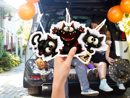 Set of three black cat car fresheners - startled kitten, cat on a skull and vampire cat