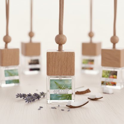 Hanging car freshener for the rear-view mirror, in calming eucalyptus and lavender