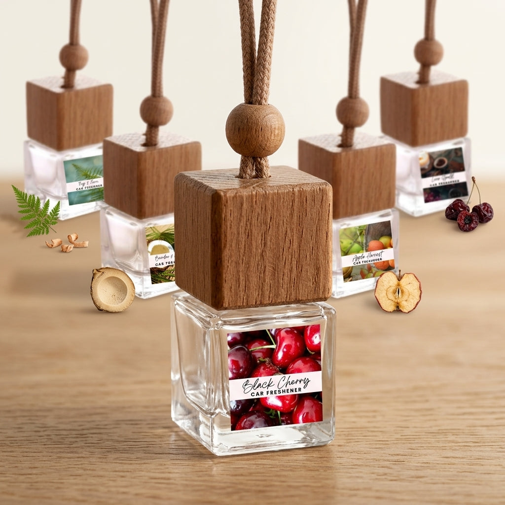 Hanging car freshener for the rear-view mirror, in sweet tropical fruit scents