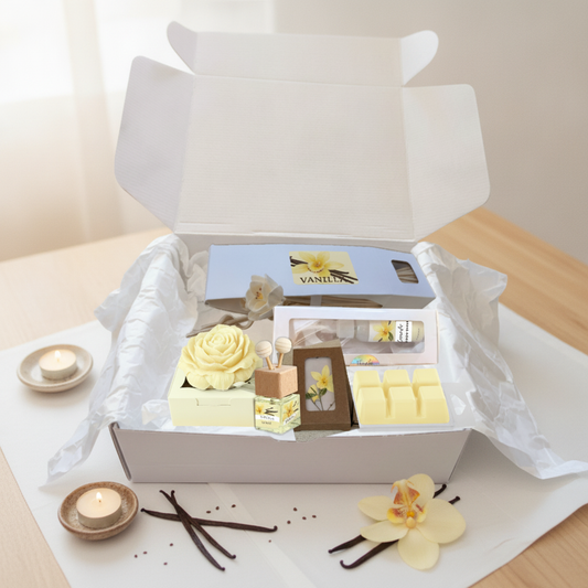 Vanilla comfort gift box with a reed diffuser, room spray, wax melts and sachet