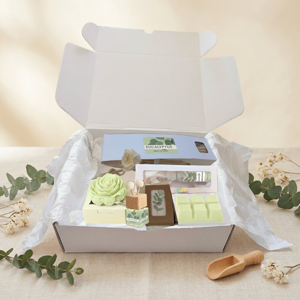 Eucalyptus spa gift box with a reed diffuser, room spray, wax melts and sachet