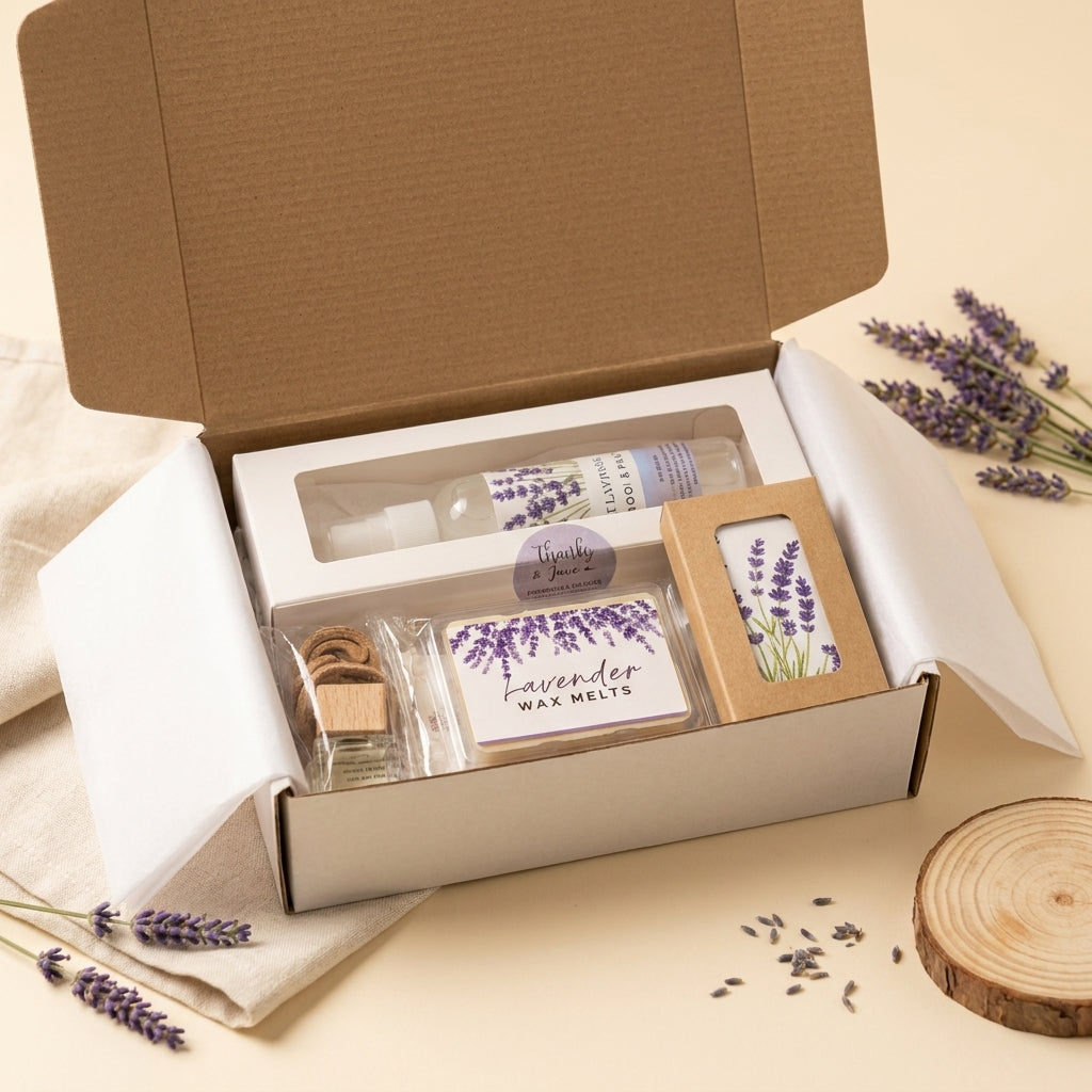 Lavender relaxation gift box with a reed diffuser, room spray, wax melts and sachet