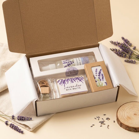 Lavender relaxation gift box with a reed diffuser, room spray, wax melts and sachet