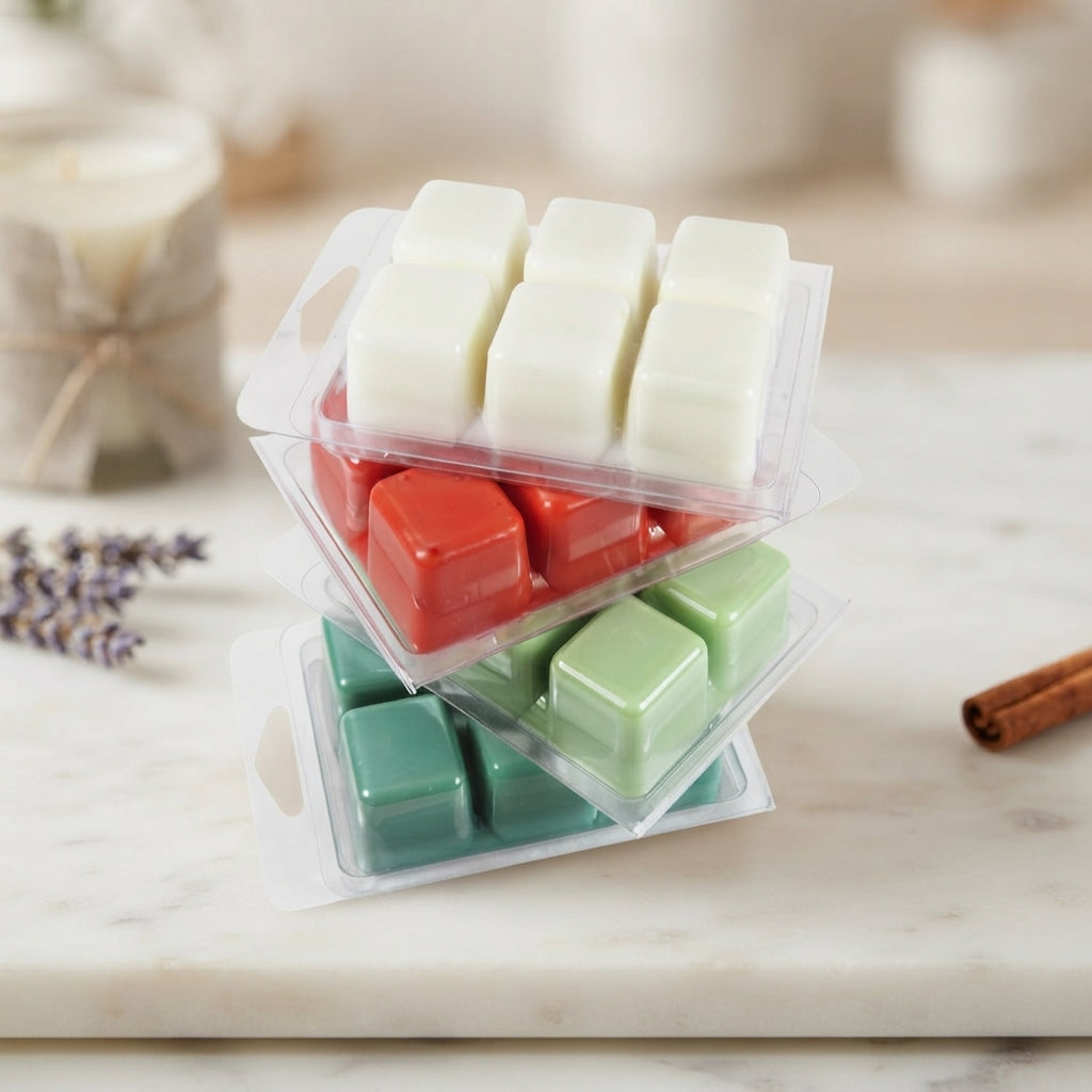 Clamshell of soy wax melt cubes molded and tinted in festive seasonal hues