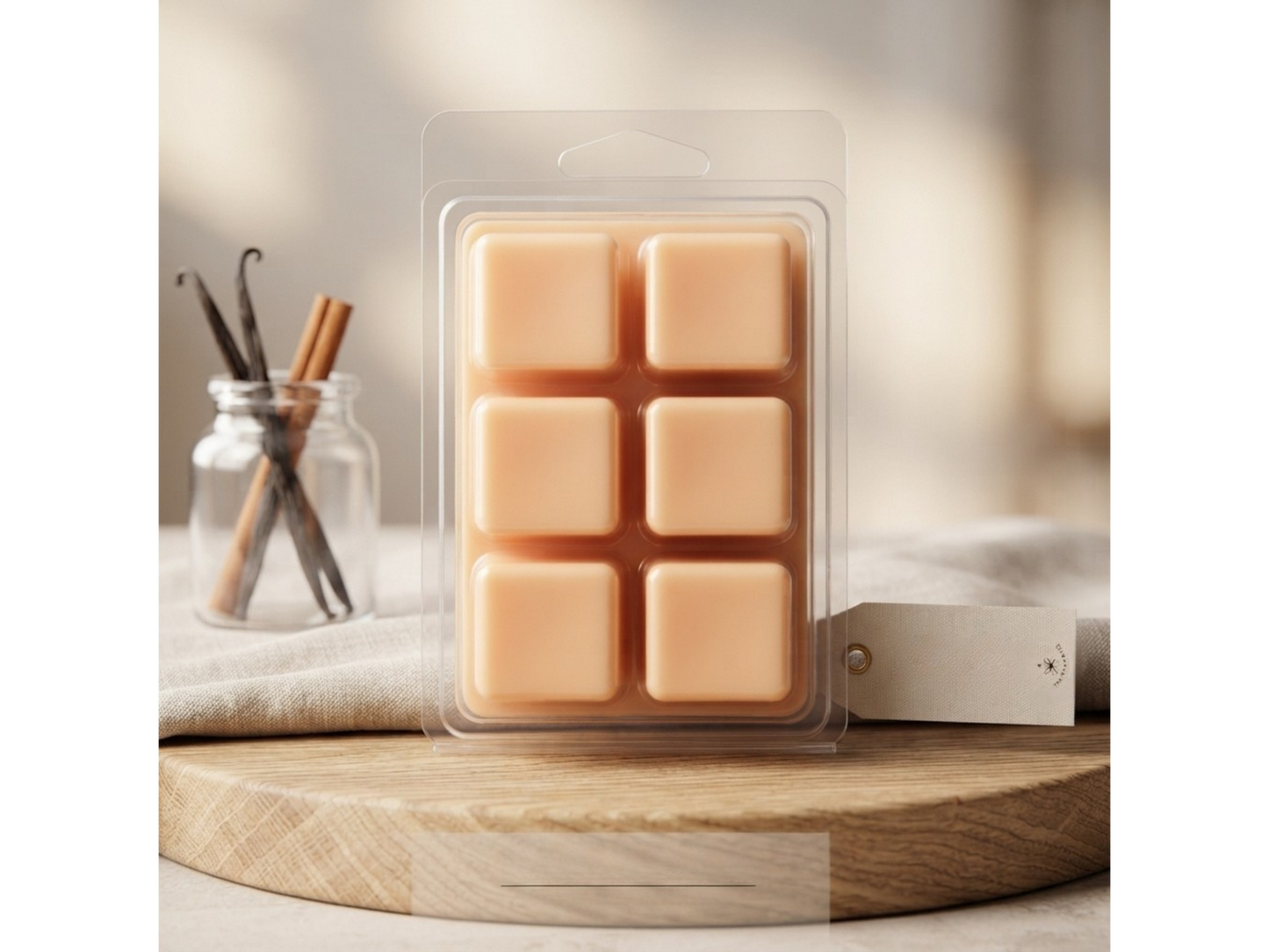 Clamshell of soy wax melt cubes in warm, comforting and lightly spiced scents