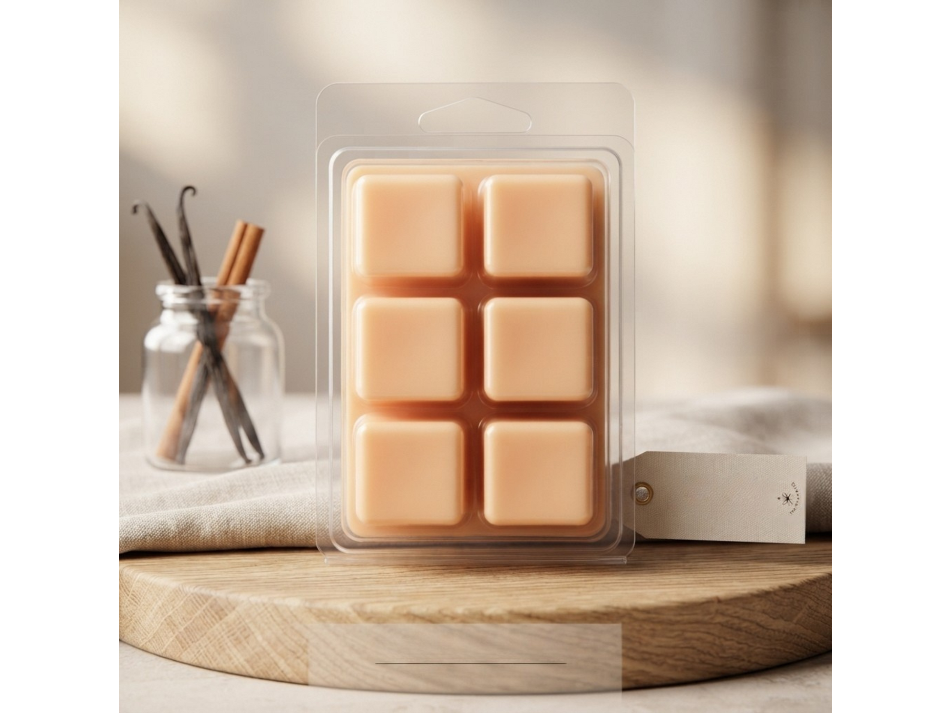 Clamshell of soy wax melt cubes in warm, comforting and lightly spiced scents