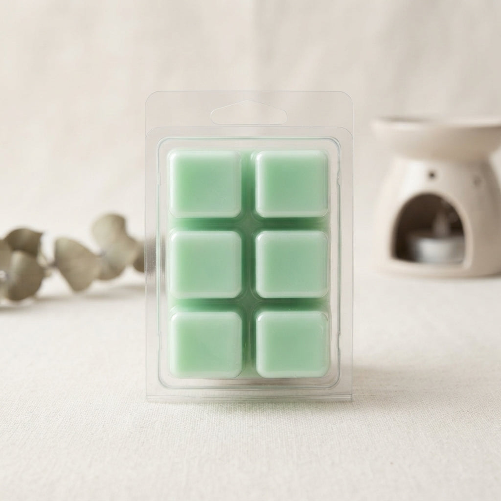 Clamshell of soy wax melt cubes in calming, spa-like scents