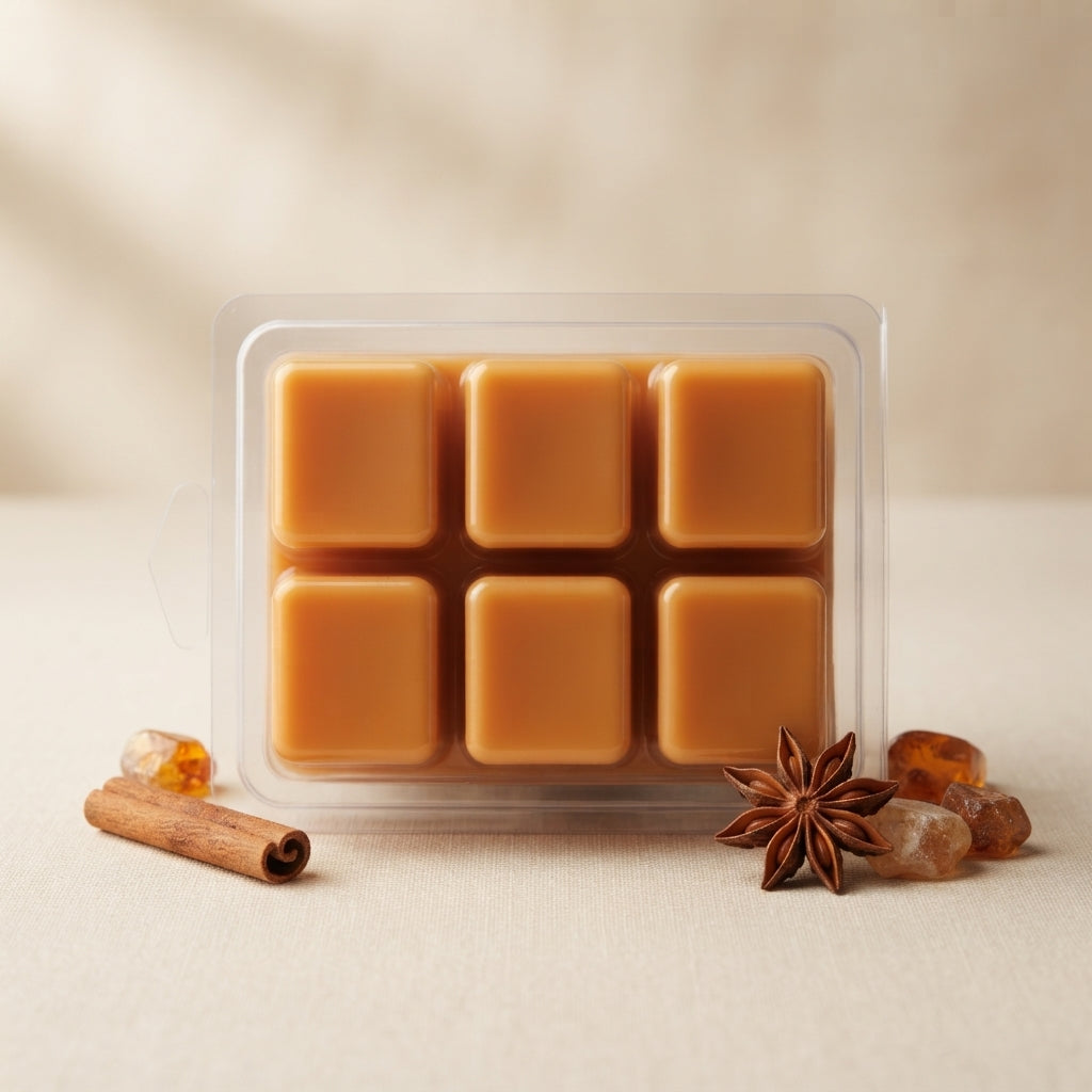 Clamshell of soy wax melt cubes in cozy, woodsy and spiced fall and winter scents