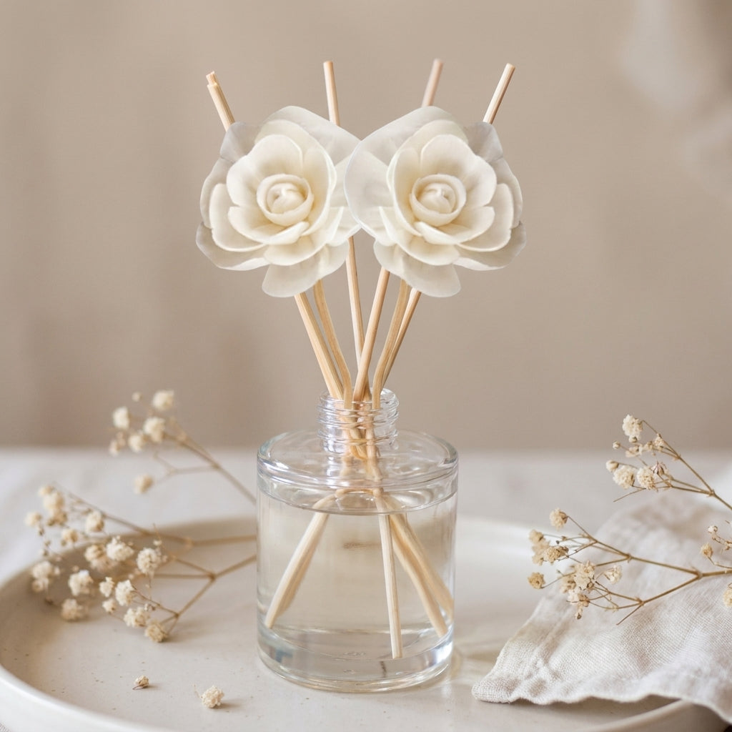 Reed diffuser bottle with reeds, in soft romantic garden florals