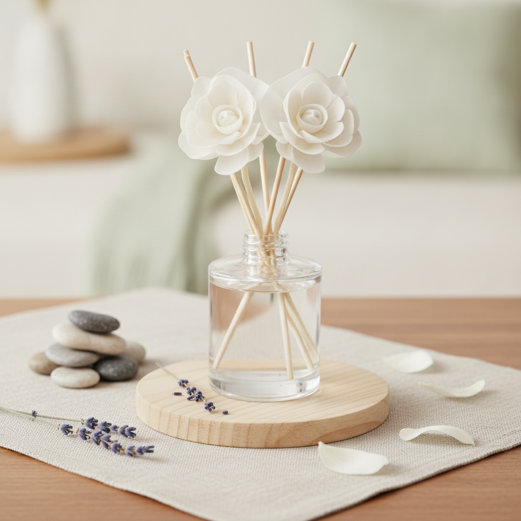 Reed diffuser bottle with reeds, in calming eucalyptus, lavender and bamboo