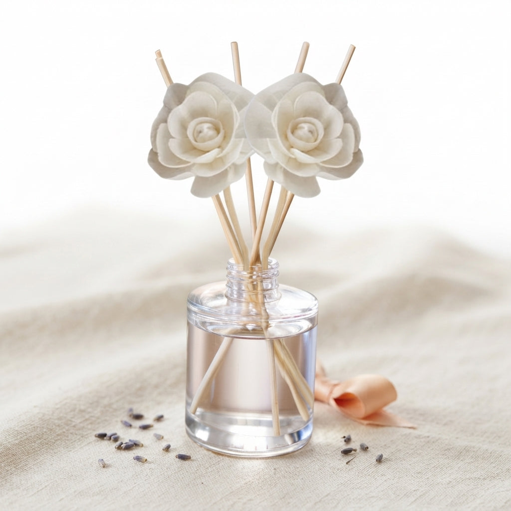 Reed diffuser bottle with natural reeds — cozy vanilla and marshmallow scent, no flame or smoke